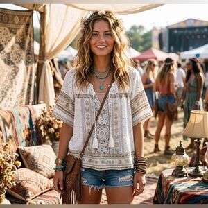 Lucky Brand Boho Peasant Blouse - Geometric Print & Tassels - White/Gold - XL